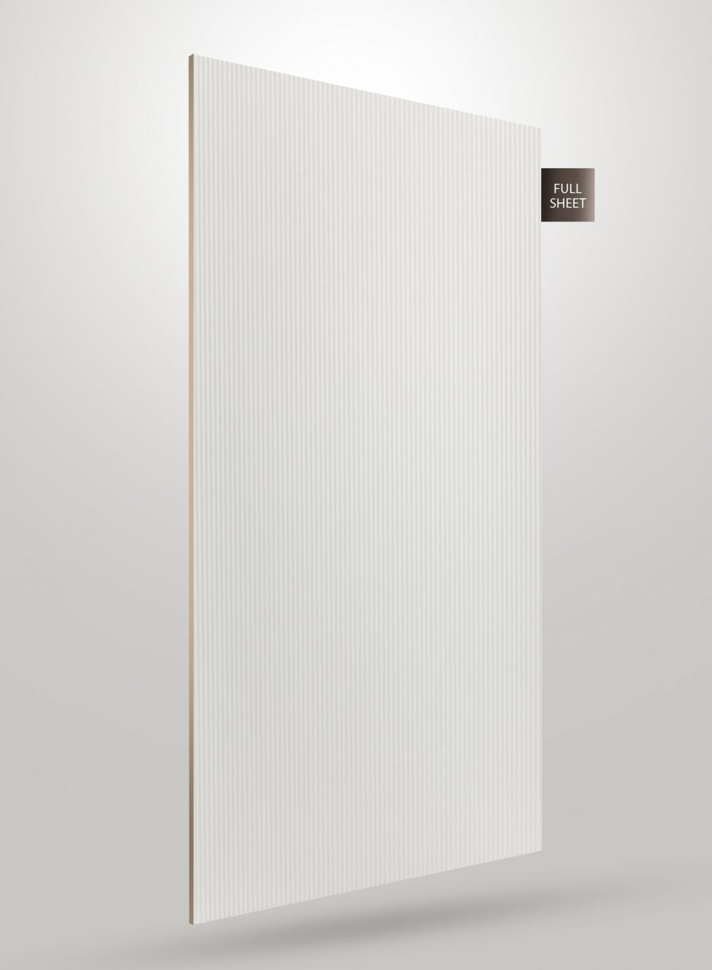White decorative laminate with fluted pattern and high gloss finish displayed as full sheet.