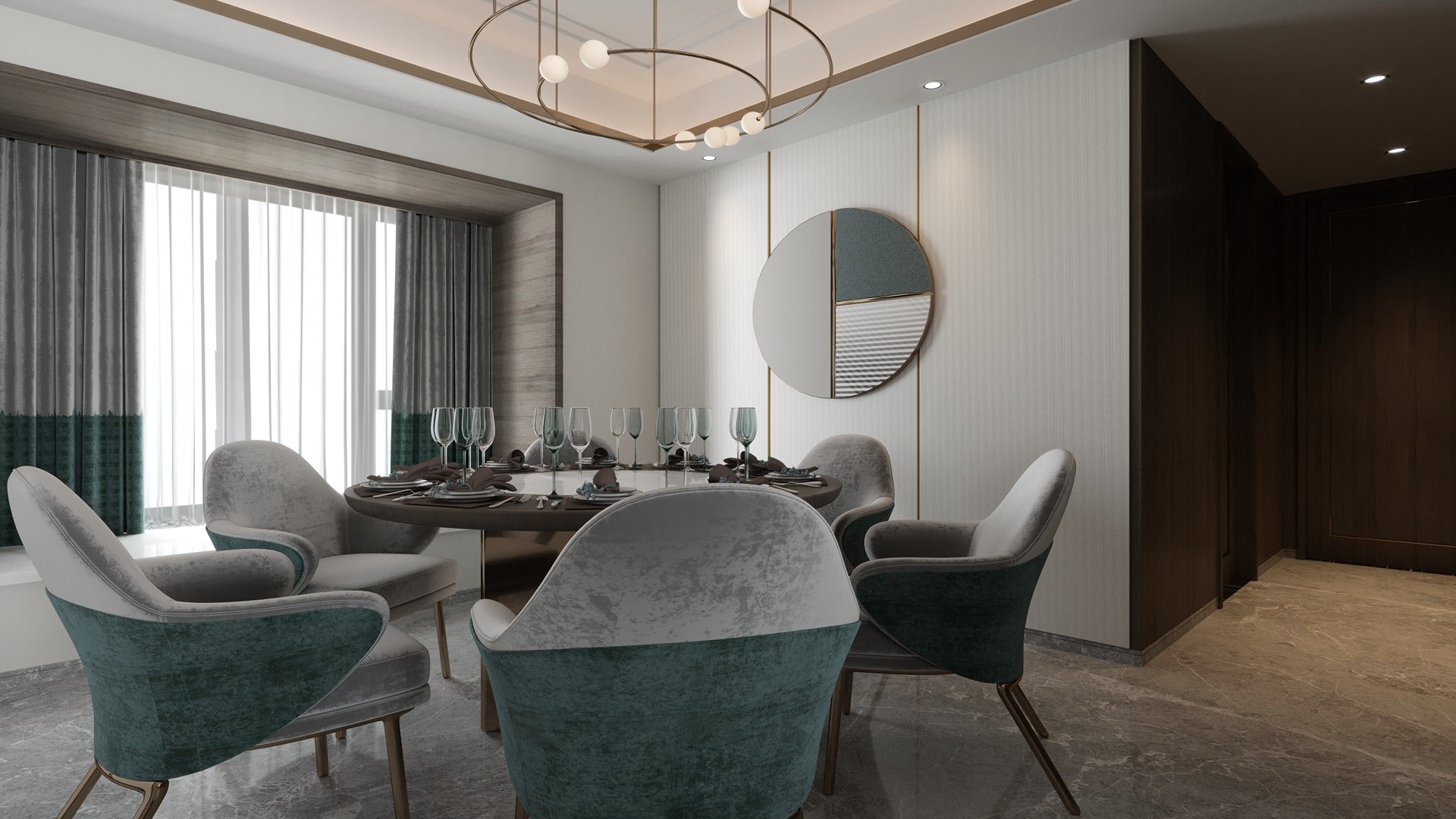 White decorative laminate with fluted pattern and high gloss finish used on dining room walls and ceiling.