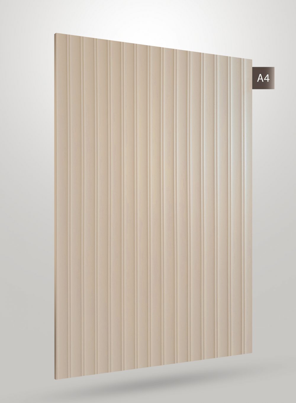 Beige fluted decorative laminate with glossy finish and vertical grooves.