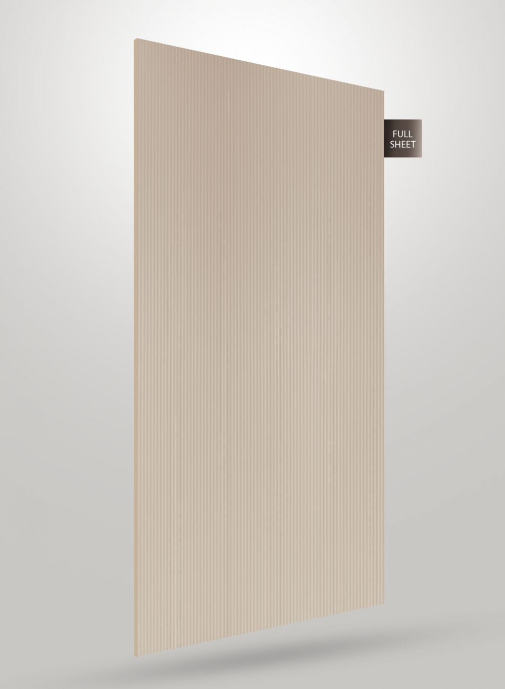 Beige fluted laminate sheet with high gloss finish and vertical ridges, labeled full sheet on a gray background.