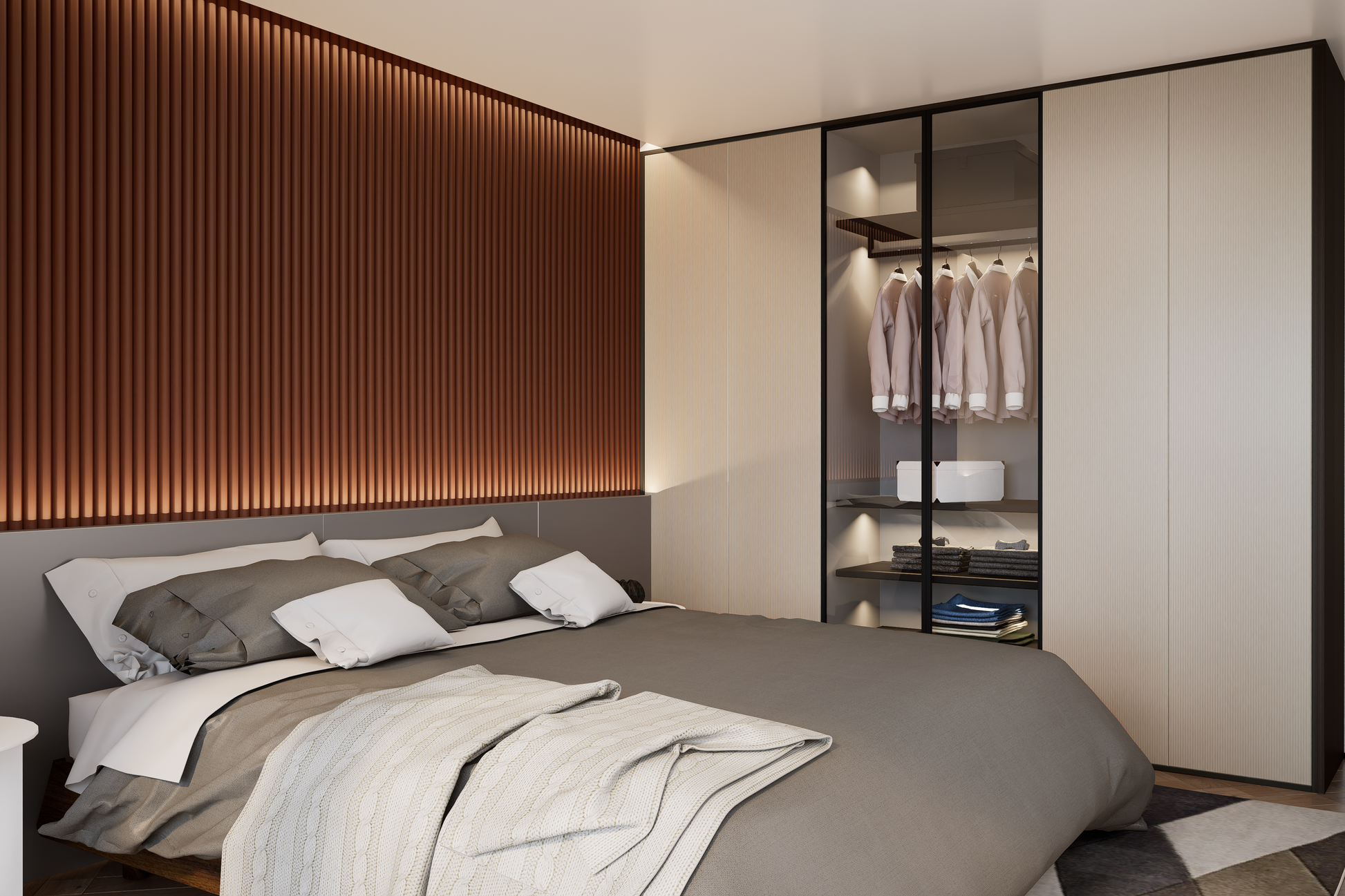 Beige fluted laminate wall panel with vertical grooves and high gloss finish in a modern bedroom setting with closet.