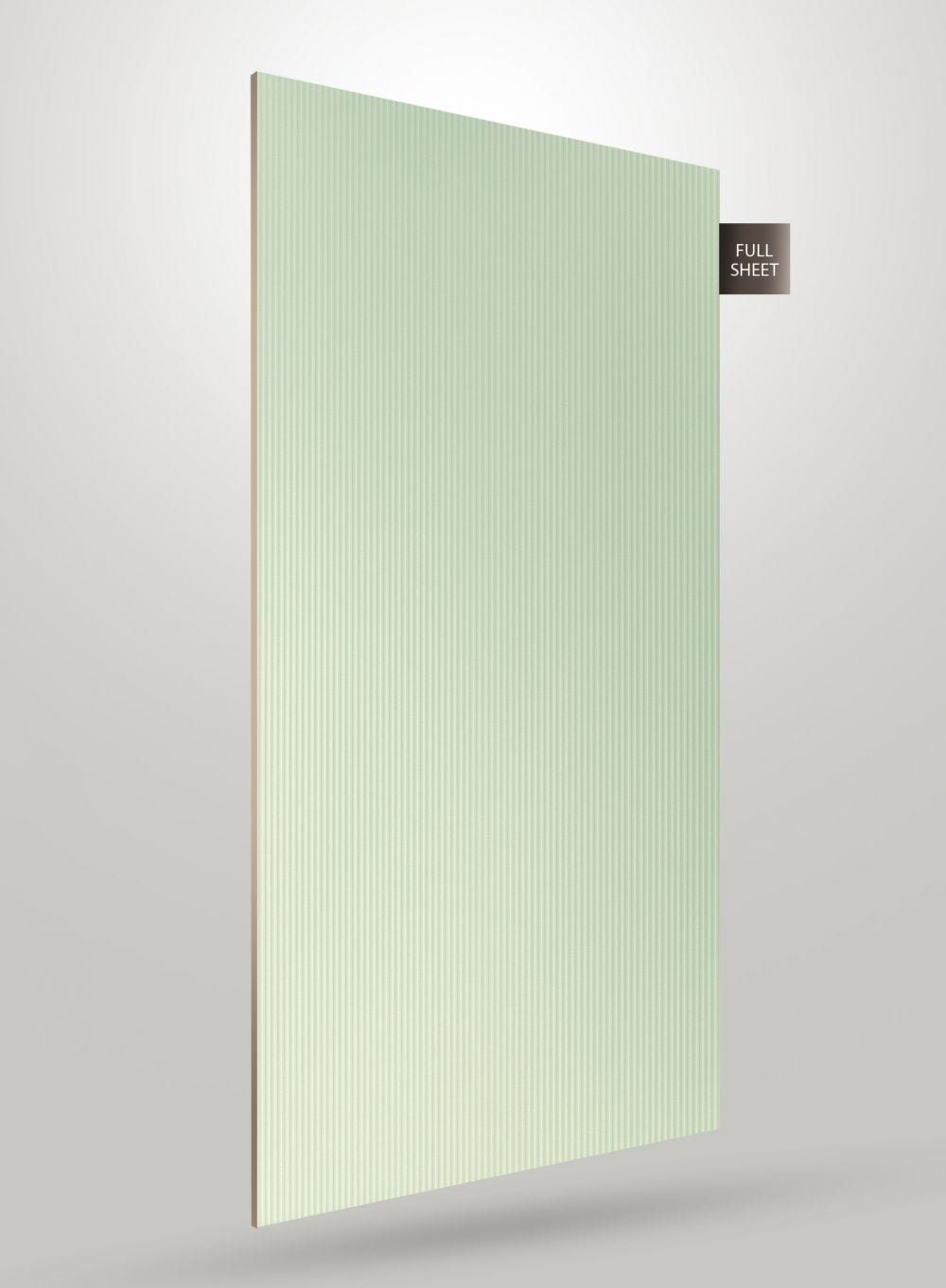 Green fluted laminate sheet with vertical ridges and glossy finish displayed at an angle with full sheet label.