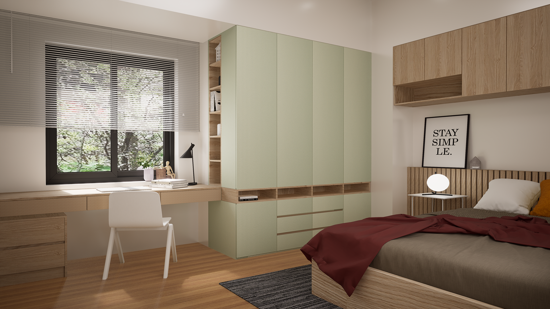 Green decorative fluted laminate with glossy finish used on bedroom cabinet and desk, showing vertical grooves and high