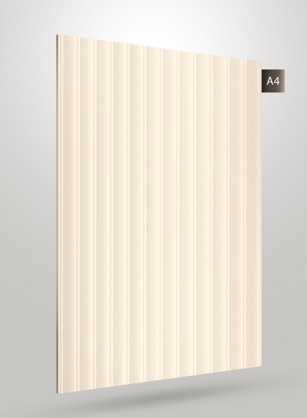 Ivory decorative fluted laminate with high gloss finish and vertical ridges.