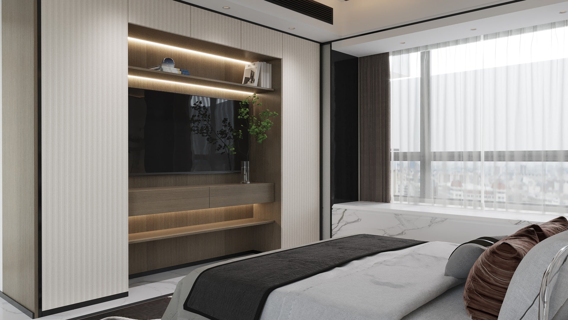 Ivory fluted laminate wall with glossy finish in modern bedroom setting with built-in shelving and LED lighting.