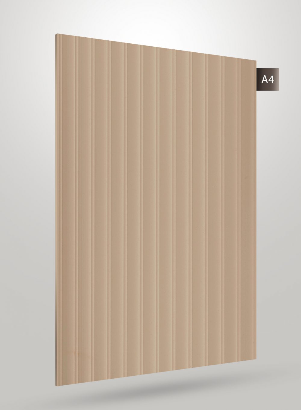 Beige high gloss decorative fluted laminate with vertical grooves and smooth finish on a light background.