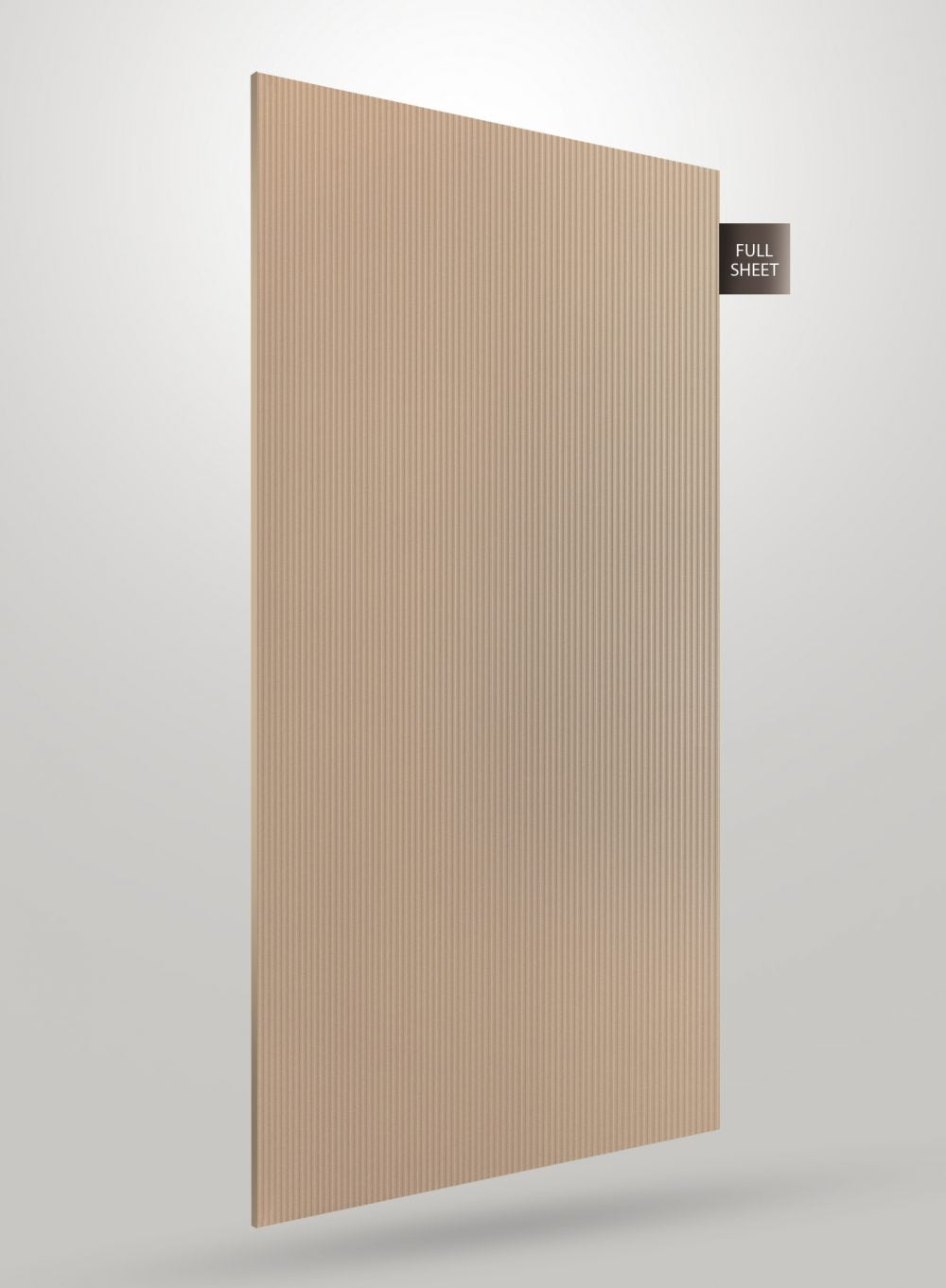 Beige fluted decorative laminate with glossy finish and vertical grooves on a full sheet.