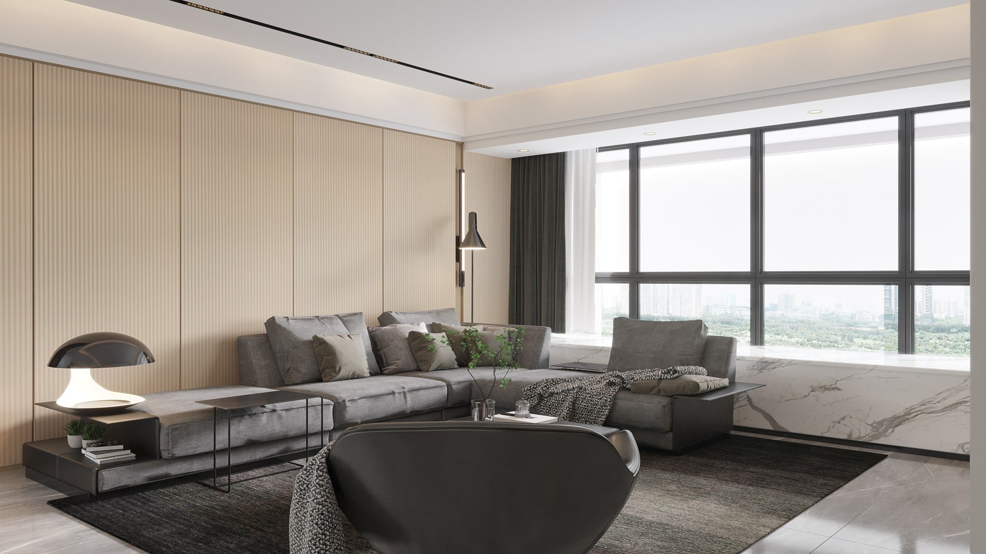 Beige fluted laminate wall panel with glossy finish in modern living room interior with gray sofa and large window