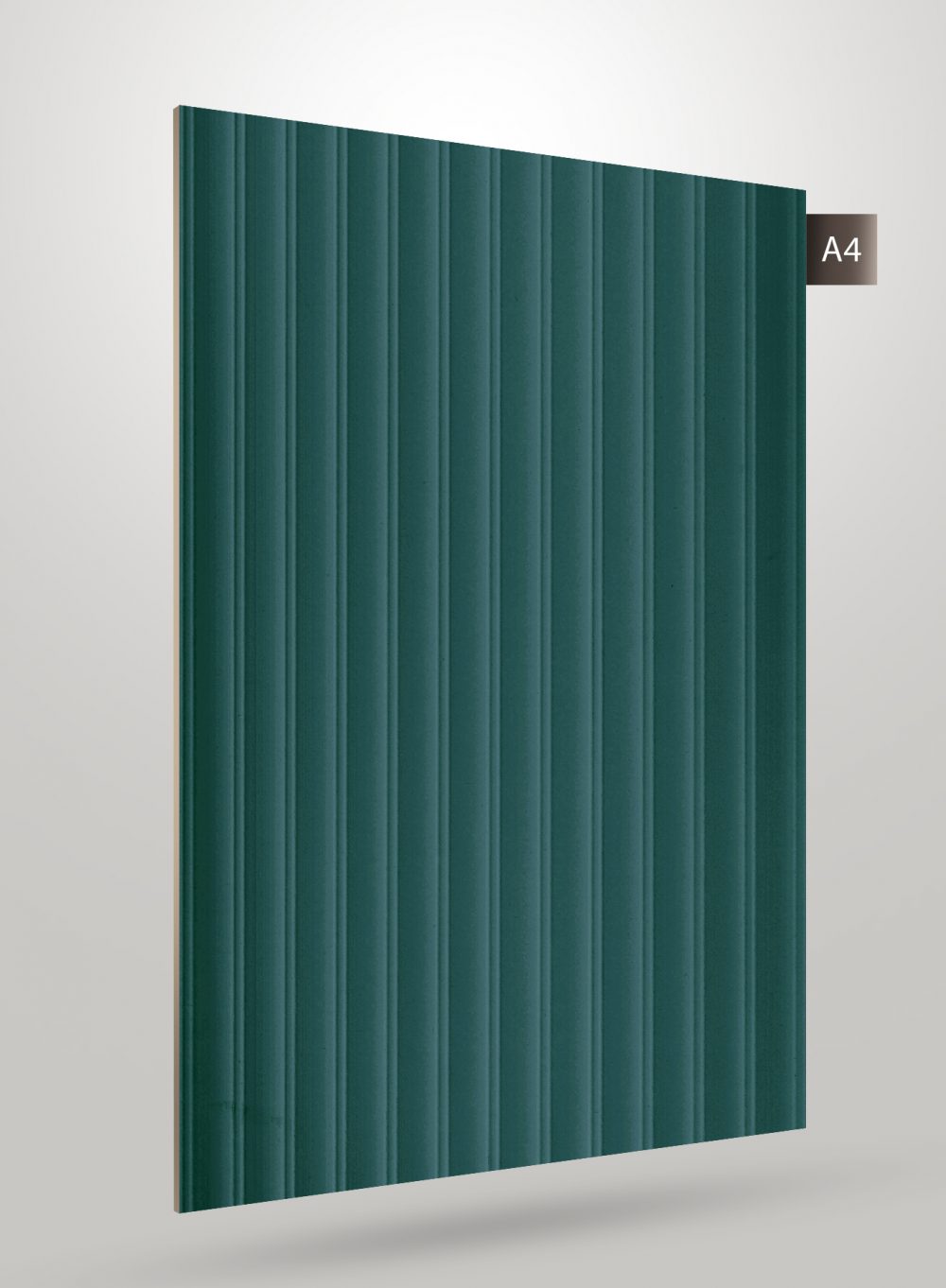 Green decorative fluted laminate with vertical grooves and high gloss finish.