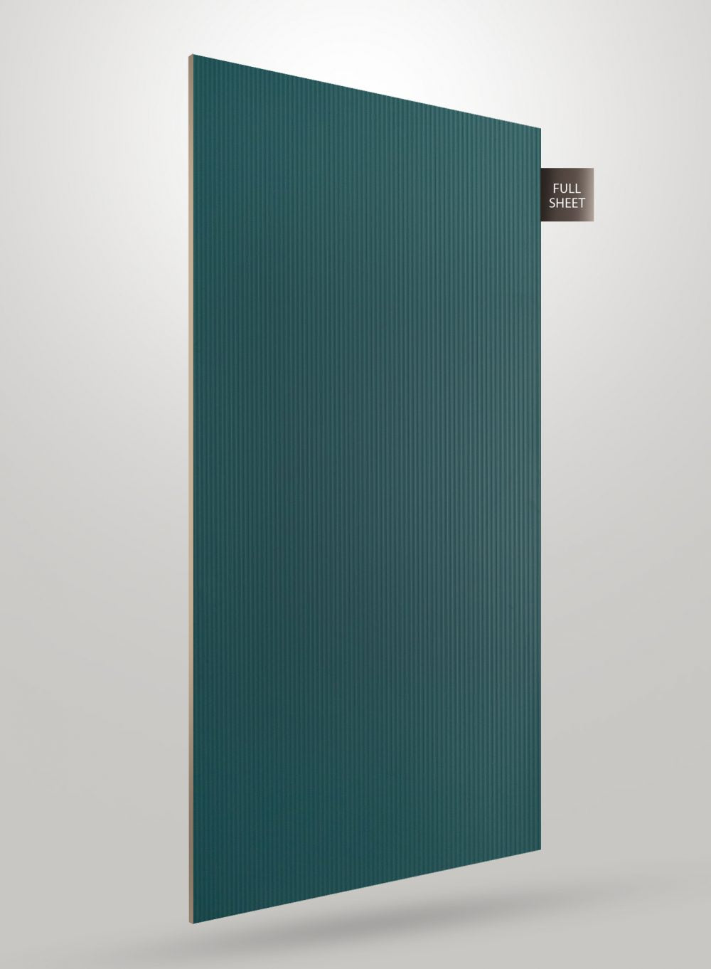 Green decorative fluted laminate sheet with vertical ridges and glossy finish displayed on a gray background with full sheet
