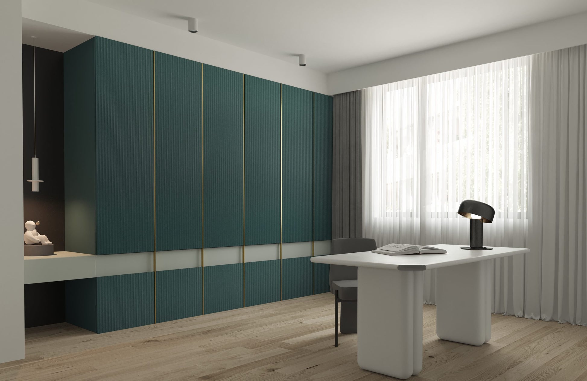 Green decorative fluted laminate with gold accents on wall panels in modern room setting with minimalist furniture and soft