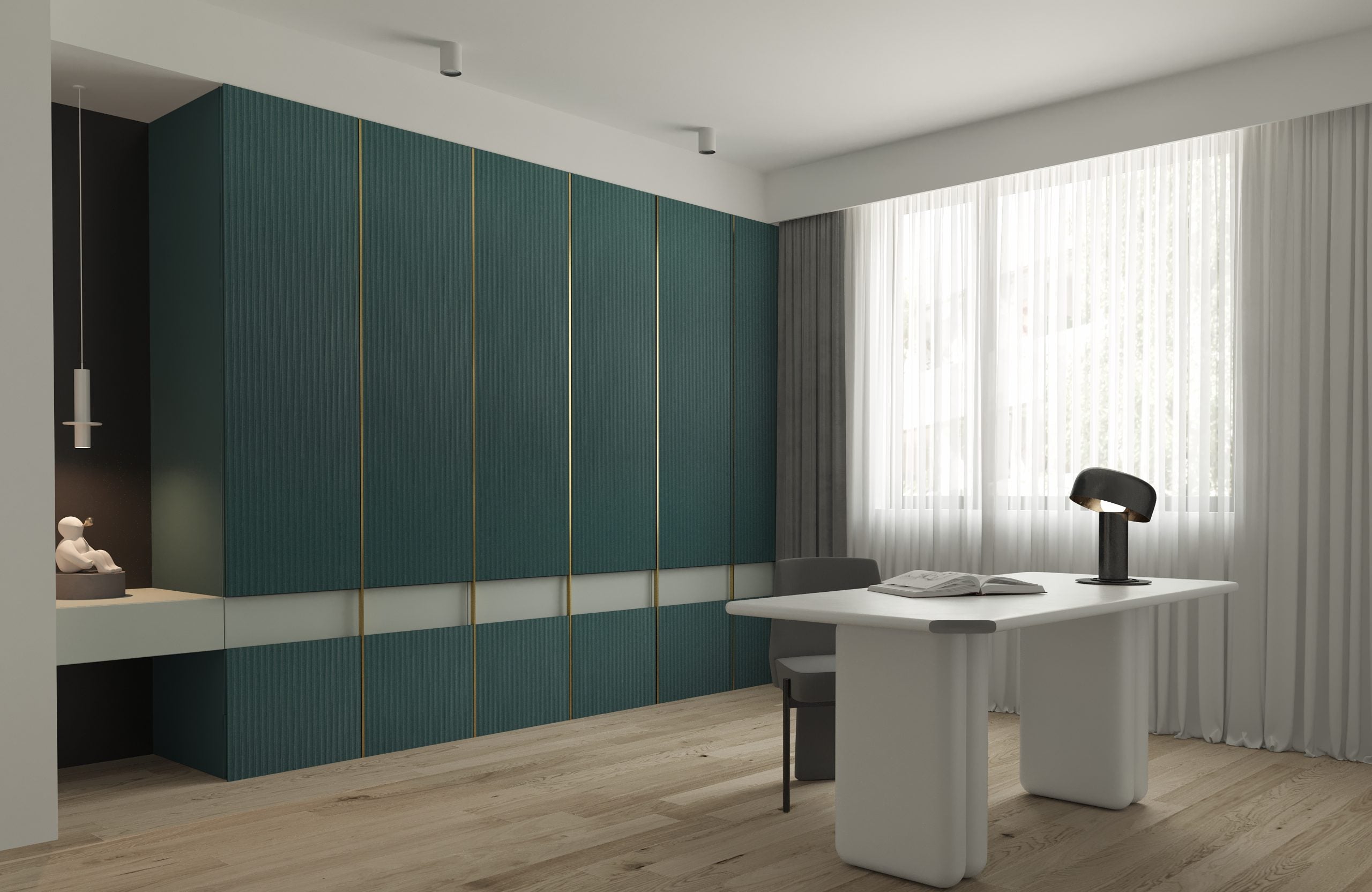 Green decorative fluted laminate with gold accents on wall panels in modern room setting with minimalist furniture and soft