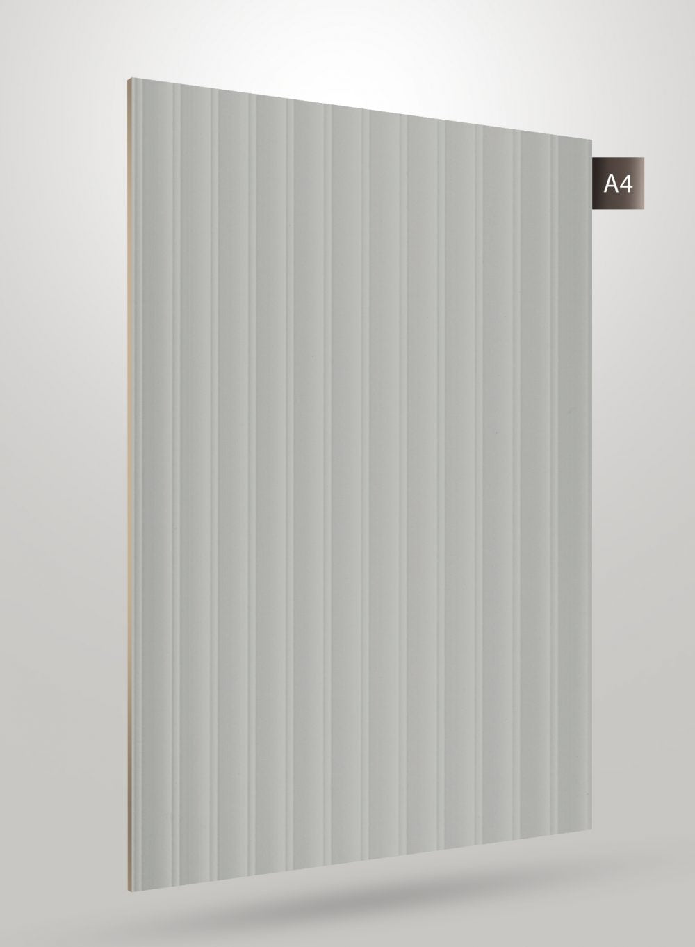 Grey decorative laminate with fluted pattern and high gloss finish, showing vertical grooves and smooth surface.