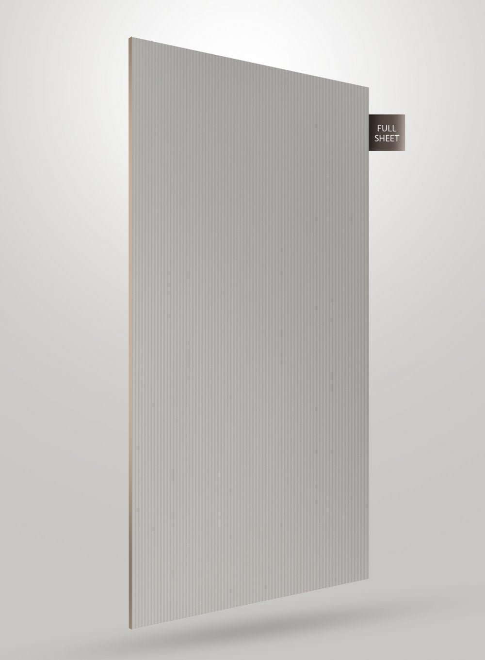 Grey fluted laminate sheet with vertical ridges and high gloss finish, labeled full sheet on a light grey background.