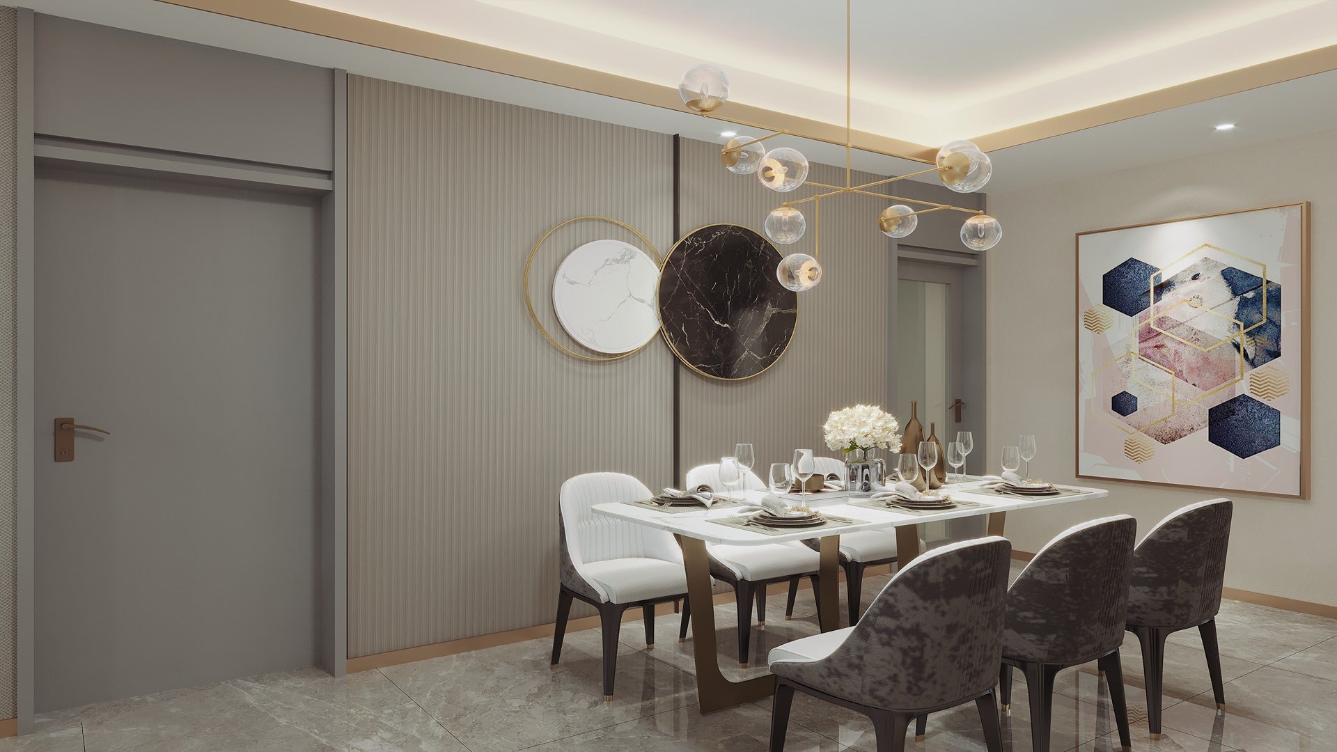 Grey fluted laminate wall in modern dining room with white table, grey chairs, and decorative artwork and lighting.