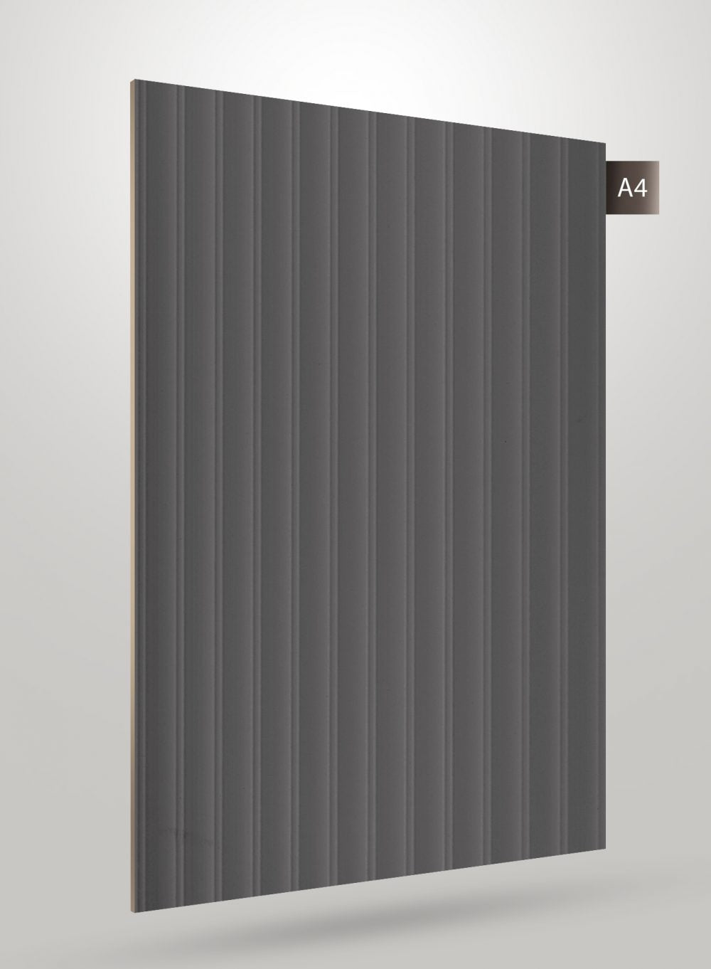 Grey fluted laminate sheet with high gloss finish and vertical ridges, decorative interior material sample with code label.