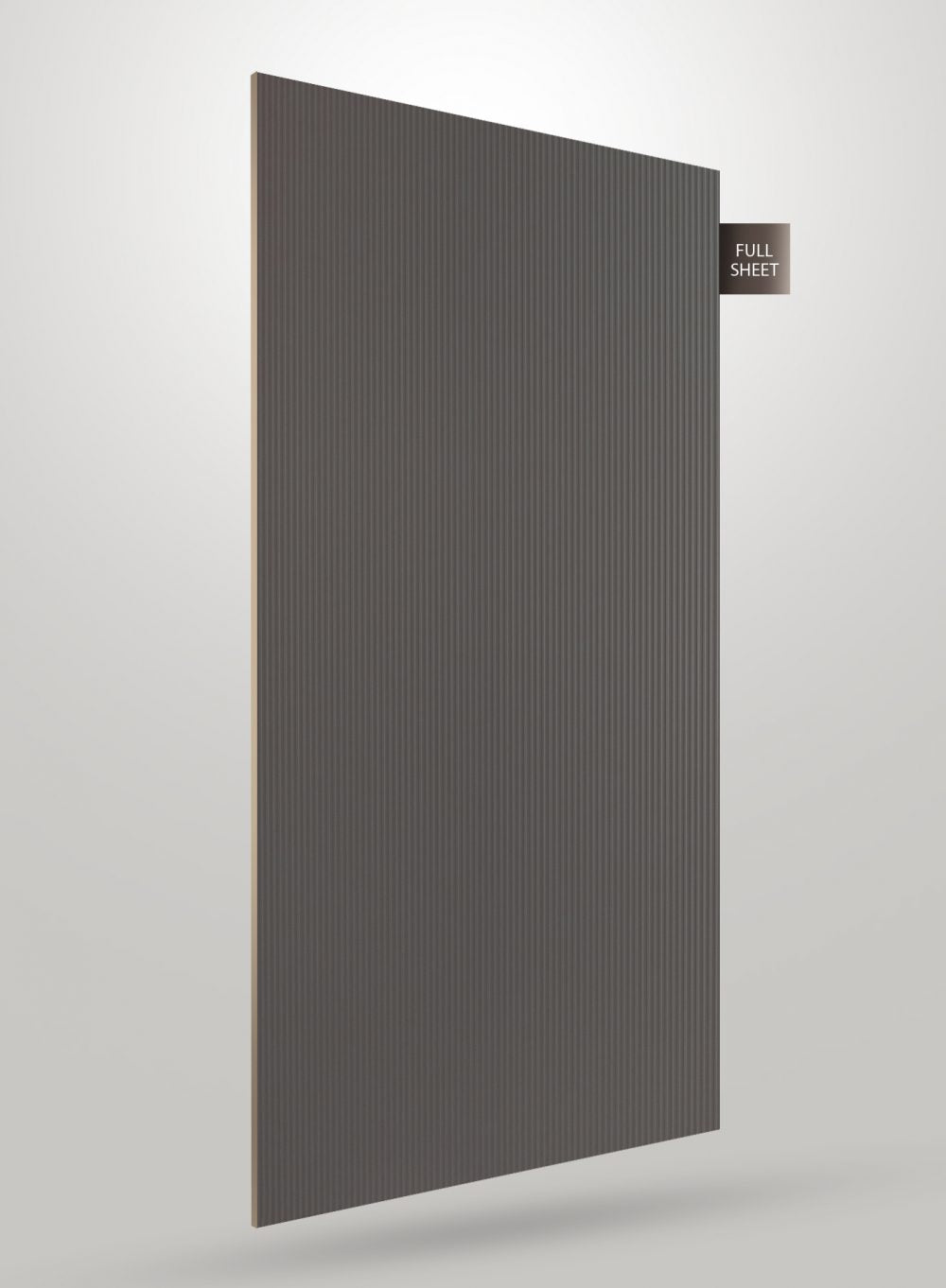 Grey decorative laminate with fluted pattern and glossy finish, shown as a full sheet with vertical ridges.