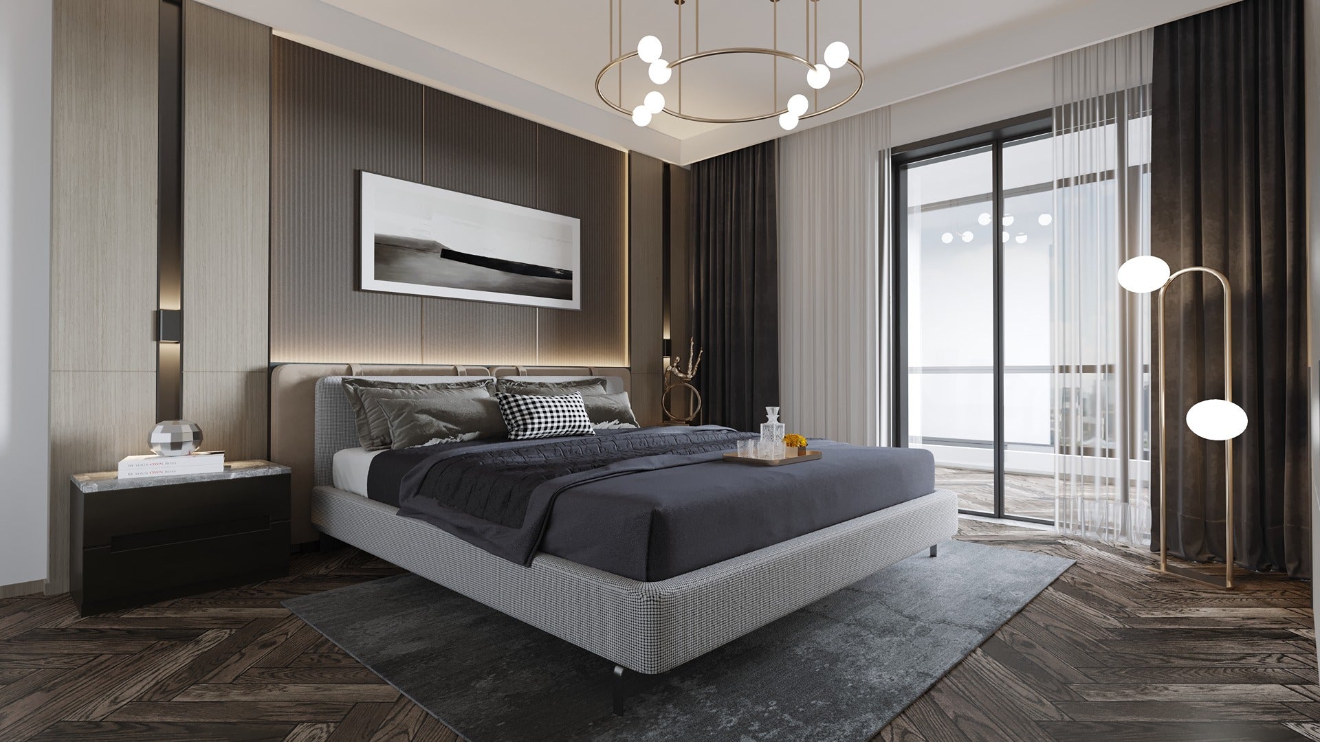 Grey fluted laminate wall panel with high gloss finish in modern bedroom interior with dark wood flooring and minimalist