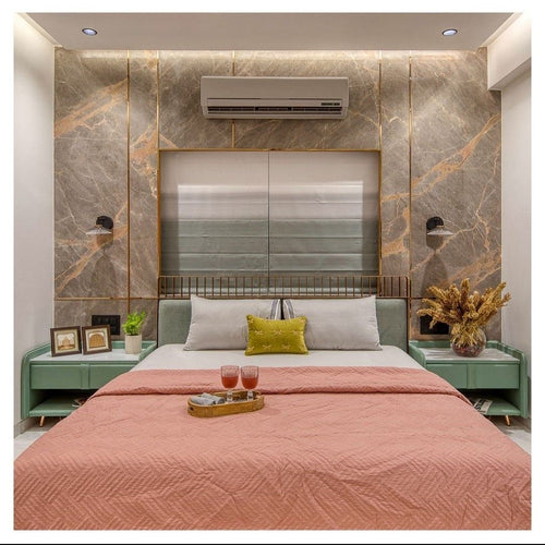 Grey marble wall panel and grey louvers for a bedroom