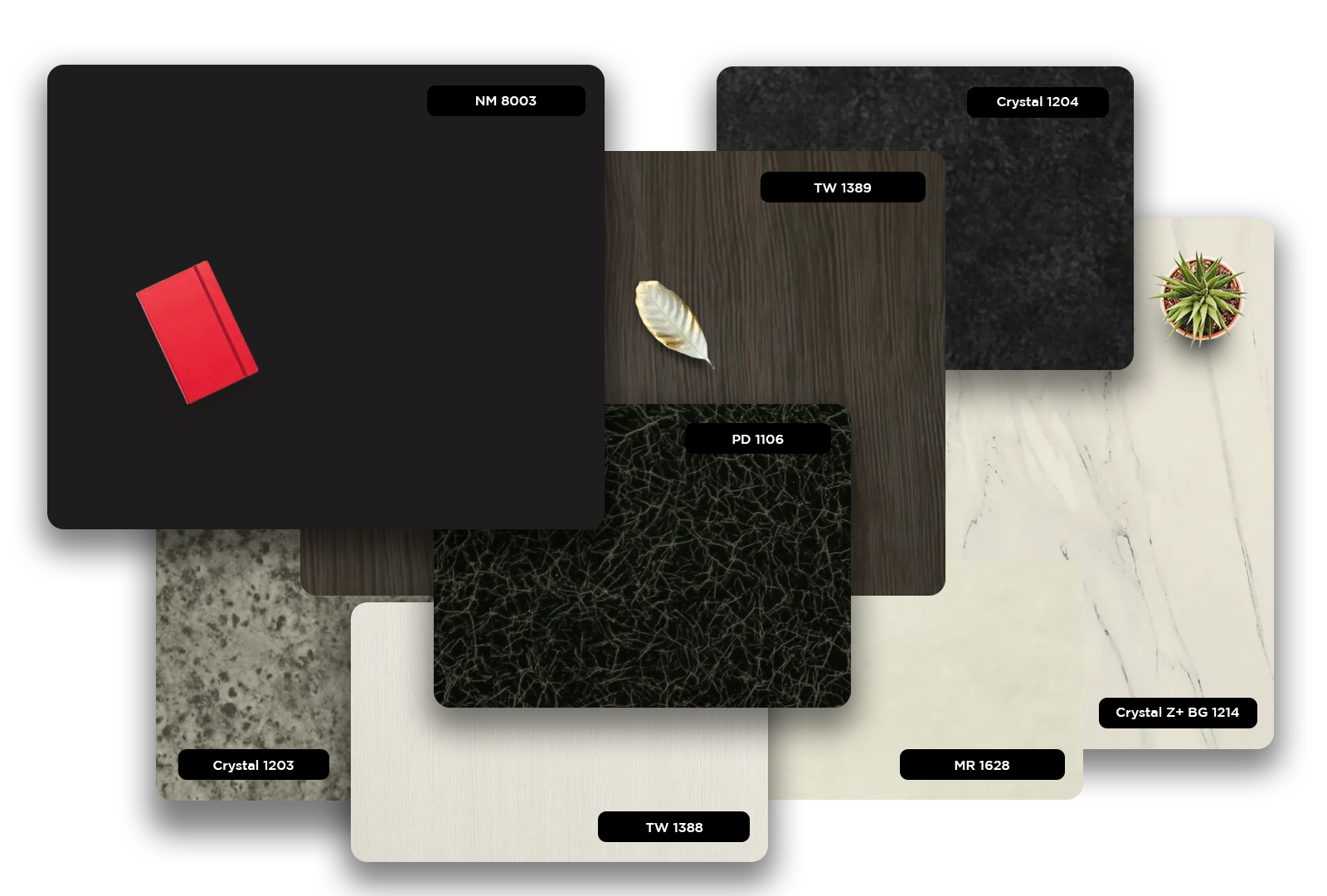 Multi-colored laminate samples with various textures and patterns, including matte and marble finishes, displayed together