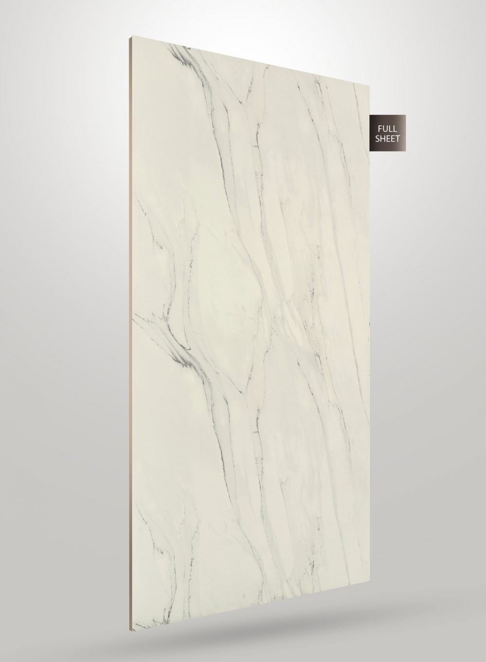 White marble patterned decorative laminate sheet with grey veining and matte finish displayed at an angle.