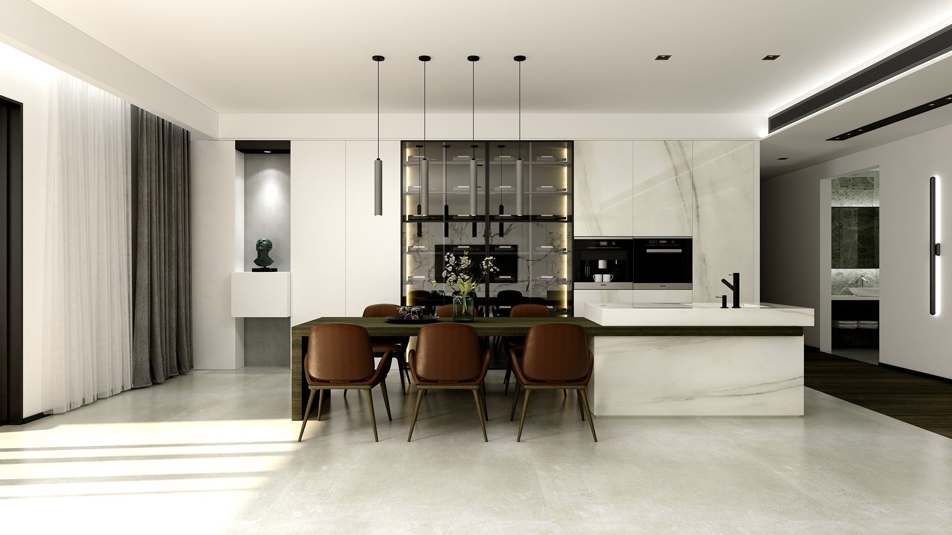 Dark green laminate dining table in modern kitchen with white marble countertop and brown leather chairs.