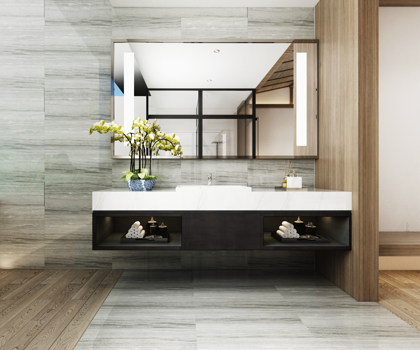 Black matte laminate used in modern bathroom with floating vanity and gray marble-like tiles on walls and floor