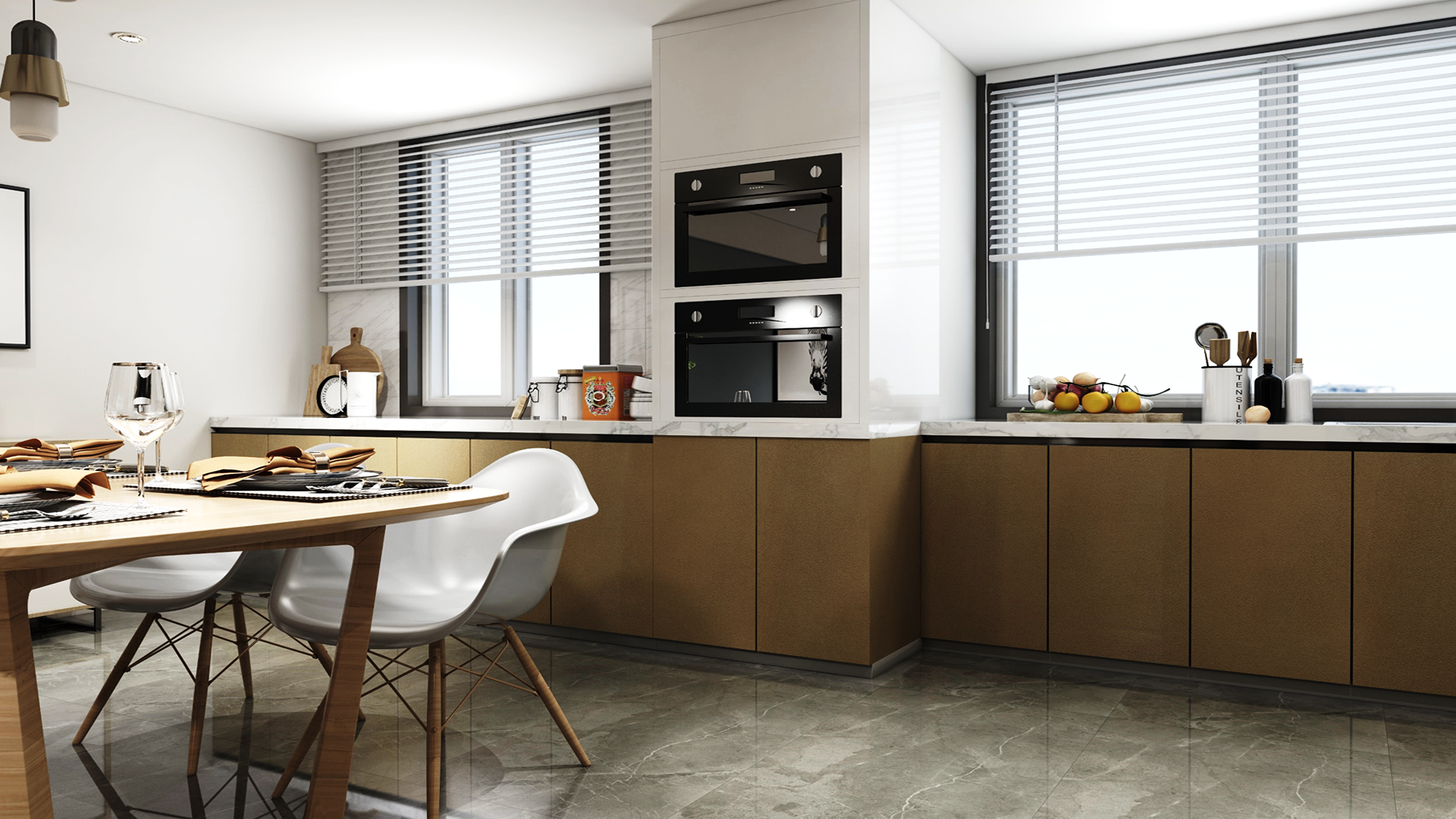 Brown matte laminate kitchen cabinets with white marble countertop and grey flooring in a modern kitchen setting