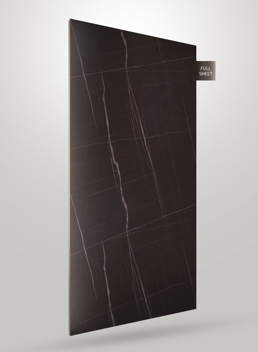 Black marble laminate sheet with white veining and matte finish, labeled full sheet on a light gray background.