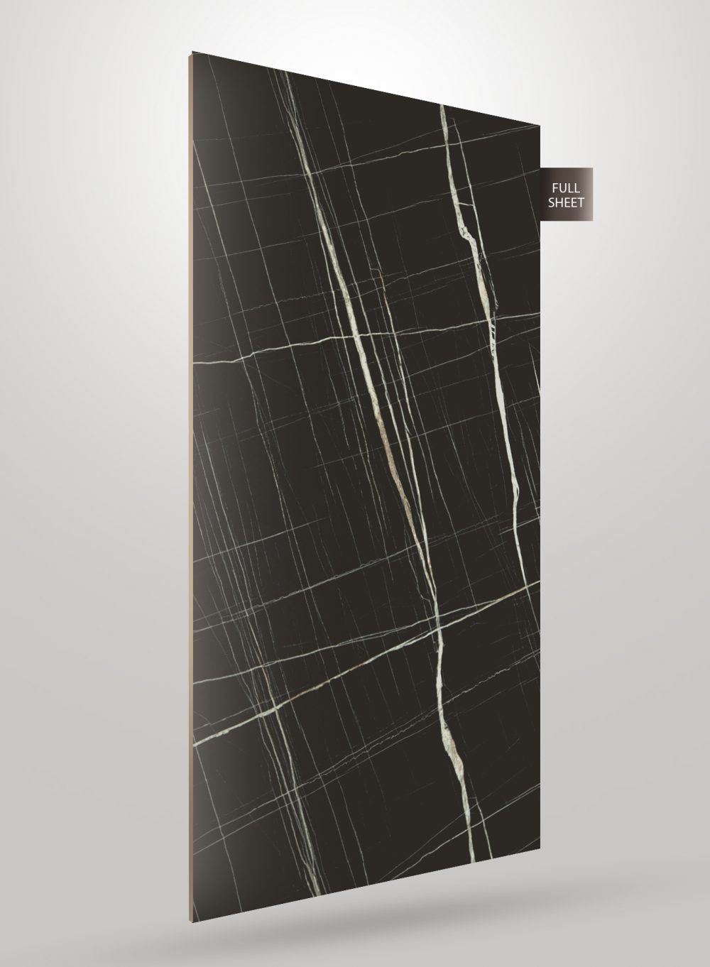 Black marble patterned laminate sheet with white veining and matte finish, labeled full sheet.