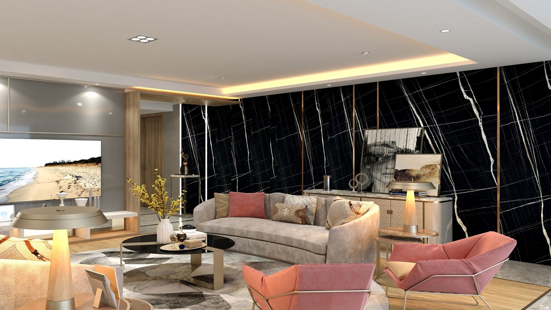 Black marble patterned laminate wall in modern living room with grey sofa and pink accent chairs, matte finish, veined