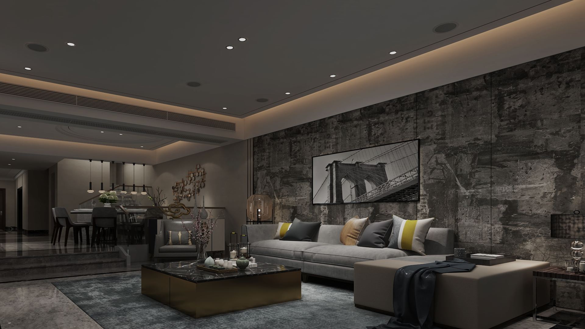White laminate in modern living room with grey sofa and marble coffee table against textured dark wall finish.