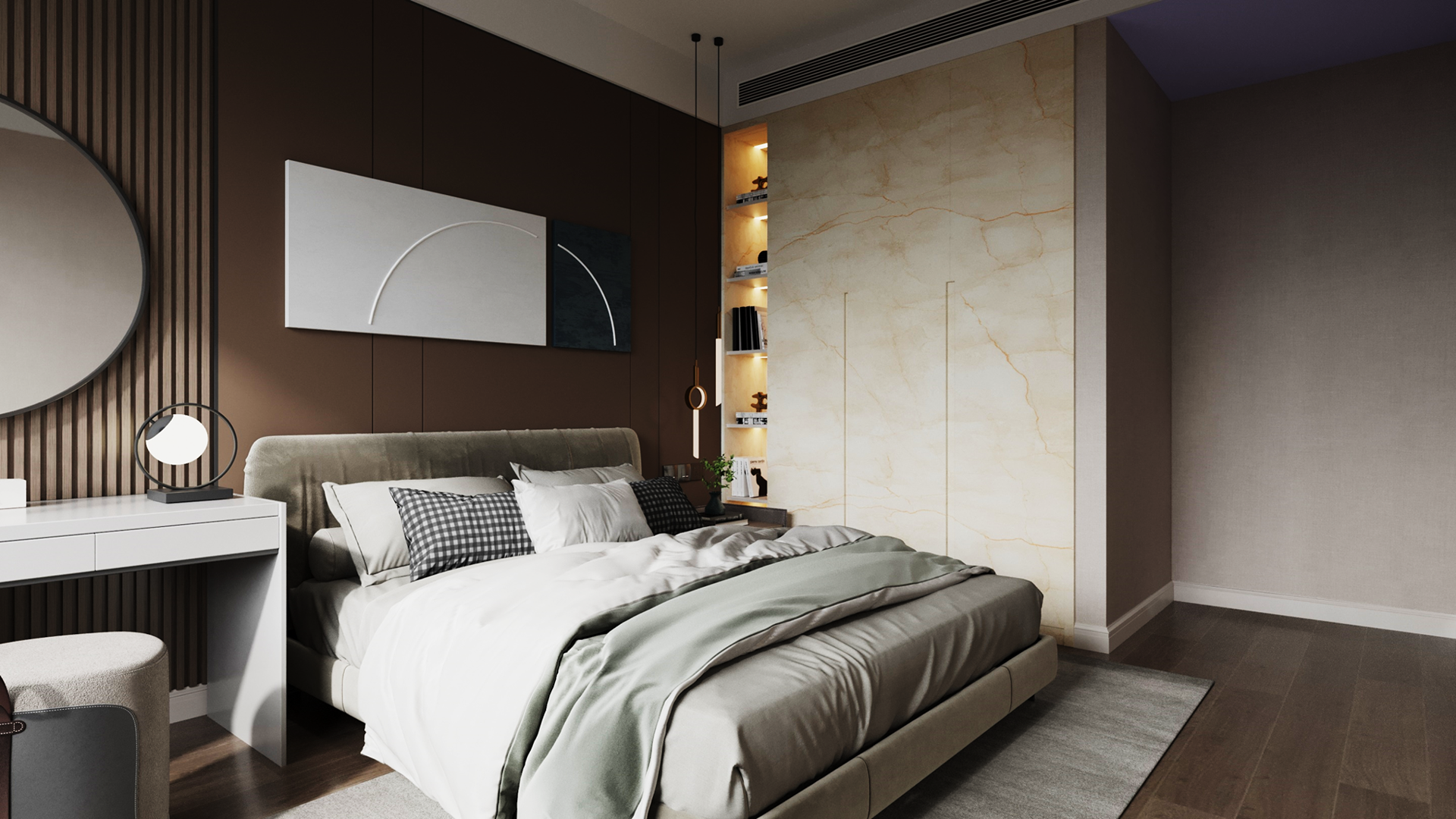 Multi-colour marble laminate wall with beige veining in modern bedroom interior with dark wood accents and minimalist decor.