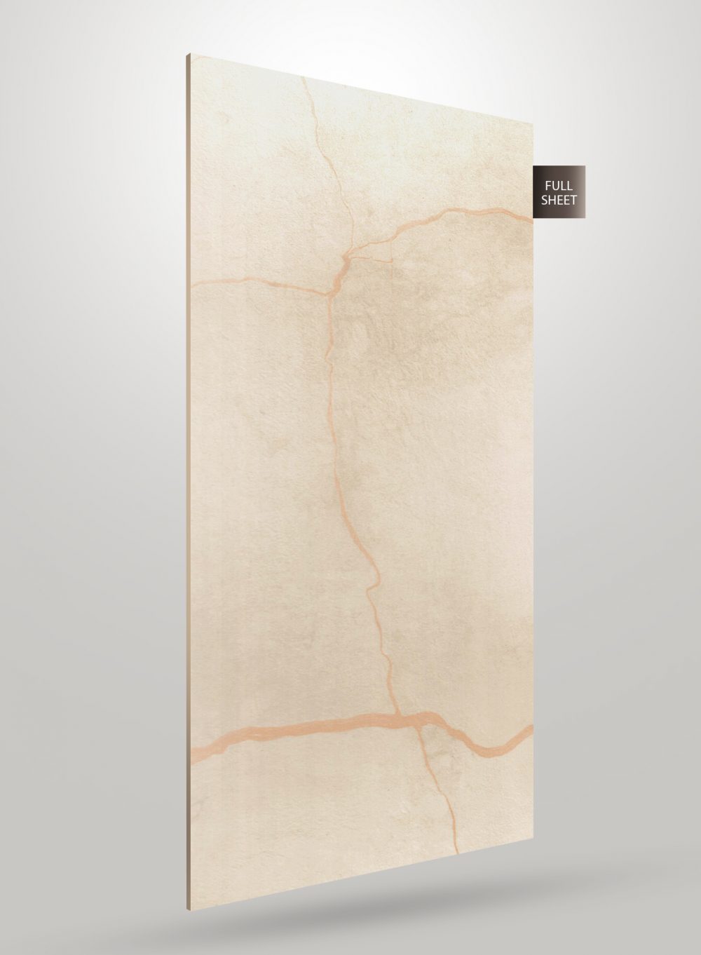 Beige marble laminate sheet with orange veins and matte finish, displayed upright with full sheet label.