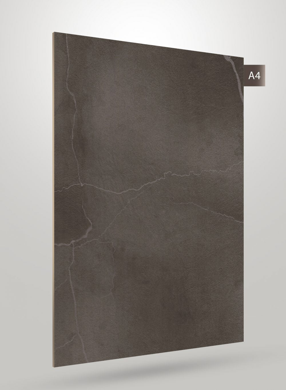 Grey marble laminate with matte finish and white veining pattern on a rectangular sheet with label A4.