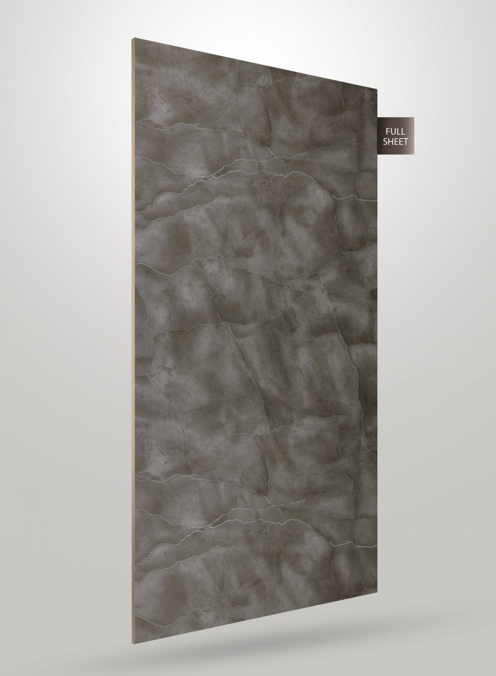 Grey marble laminate sheet with matte finish and veining pattern, shown as full sheet with visible texture and edges.