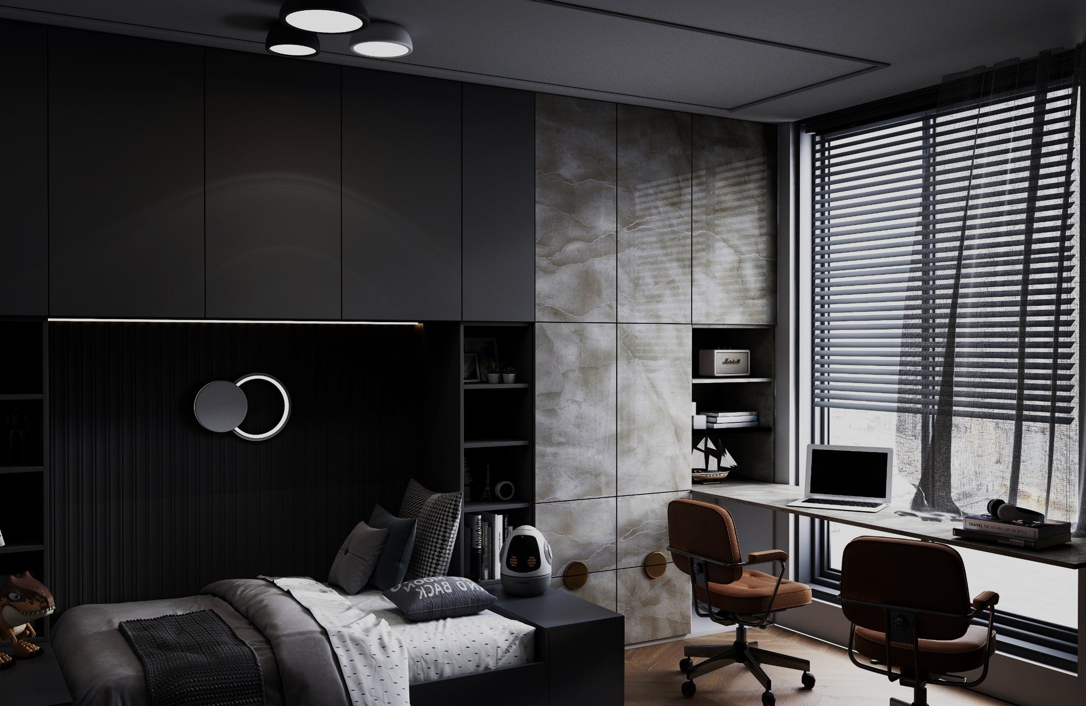 Grey marble laminate wall panels with matte finish and veining pattern in a modern bedroom setting with furniture and decor