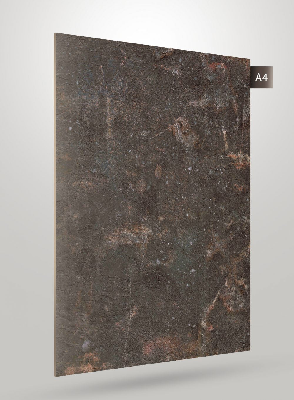 Multi-coloured marble laminate with matte finish and textured surface, showing natural stone pattern with brown and grey