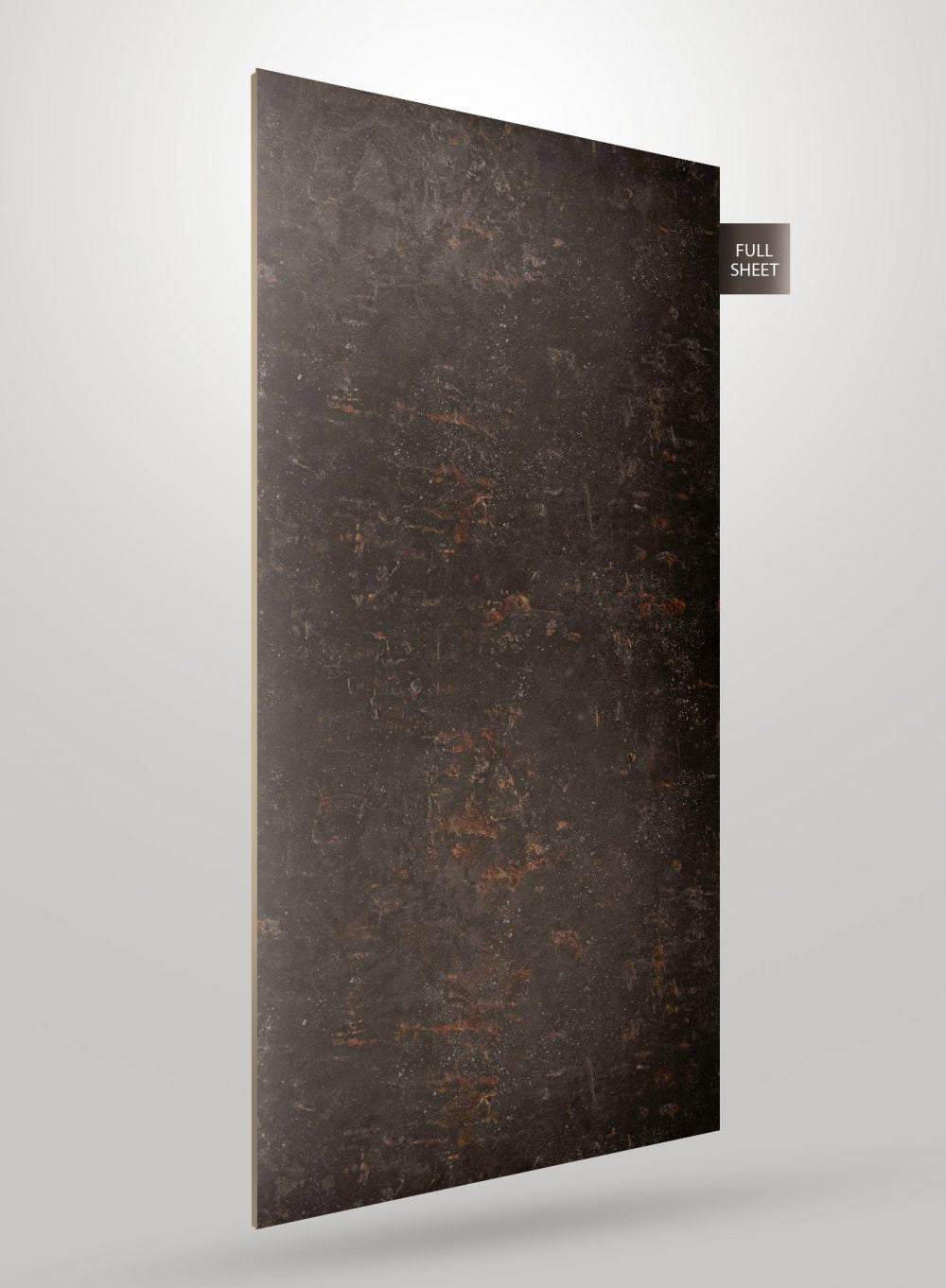 Dark brown marble laminate sheet with copper accents and matte finish, showing full sheet texture and pattern.