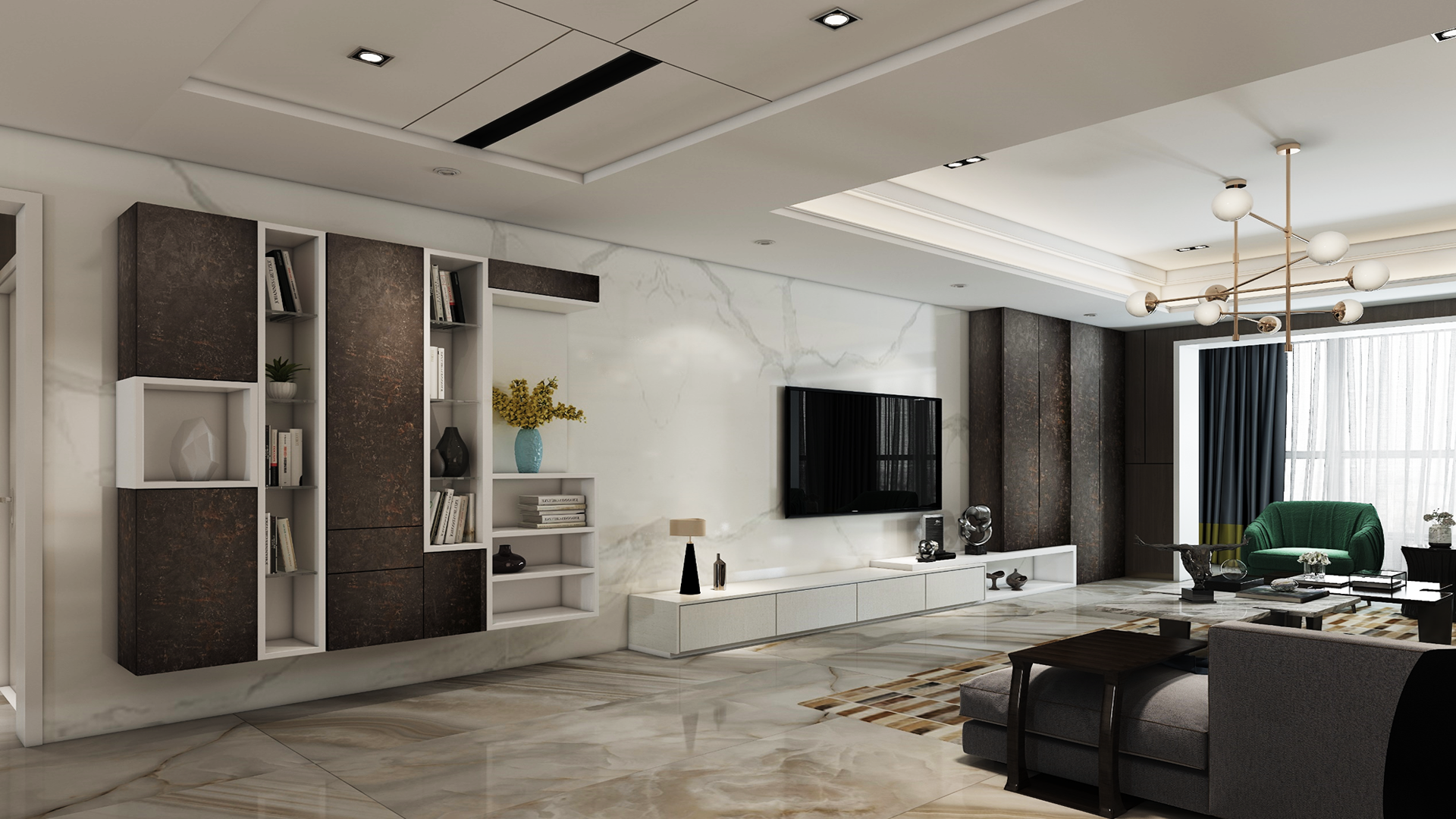 Marble laminate used on wall and floor in modern living room with dark brown accents and minimalist decor.