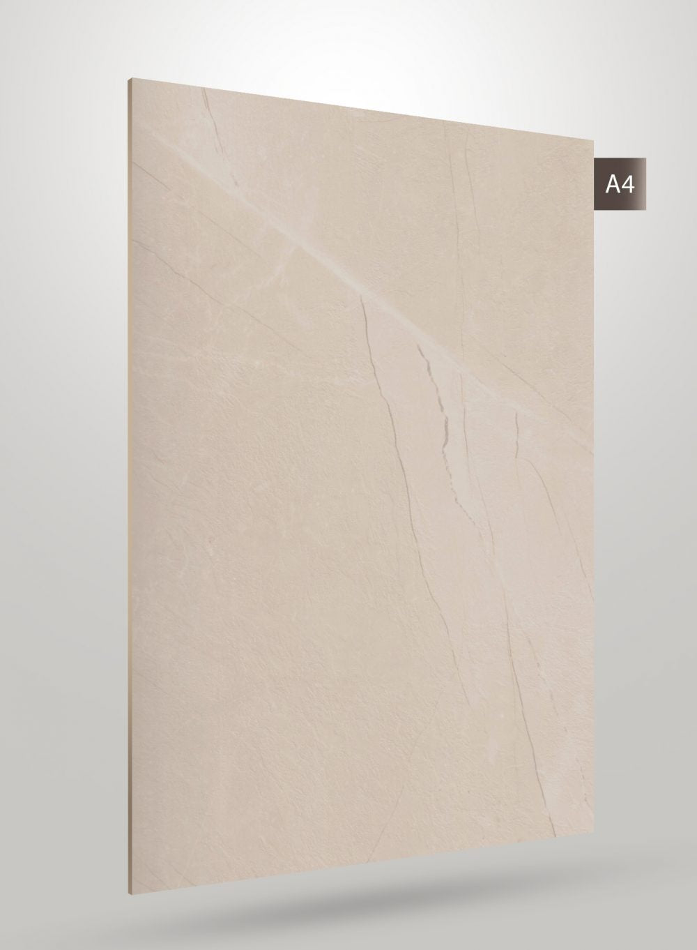 Beige marble laminate with matte finish and veining pattern, showcasing textured surface and subtle sheen, decorative