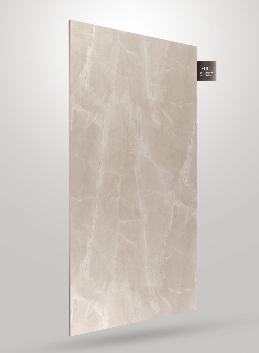 Beige marble laminate sheet with matte finish and veining pattern, displayed at an angle with full sheet label.