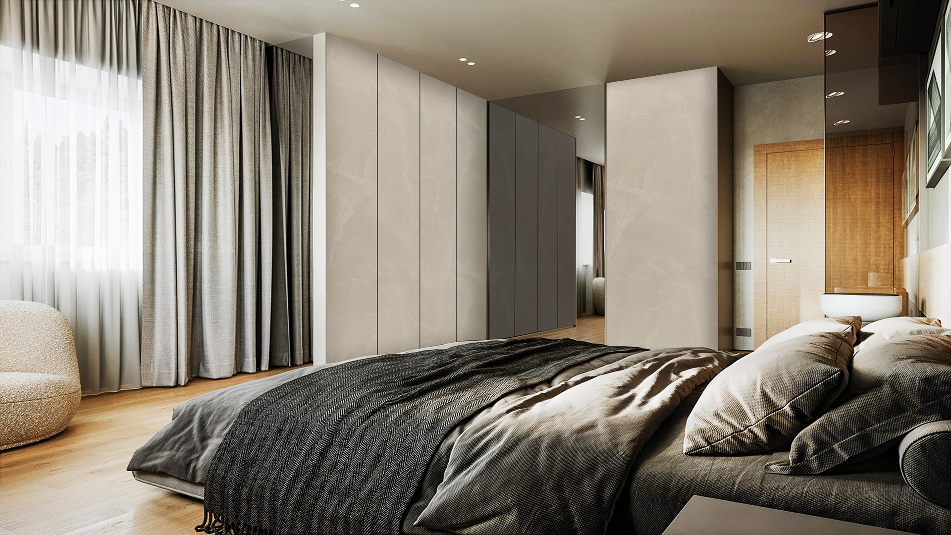 Beige marble laminate wall panels with matte finish in modern bedroom interior with soft lighting and neutral decor