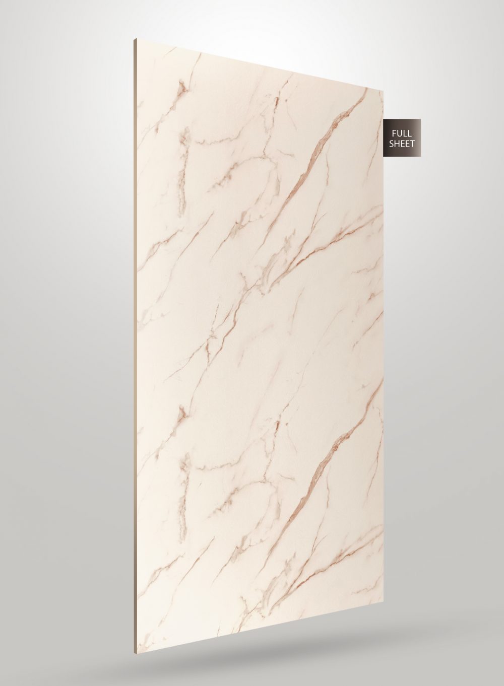 Ivory marble laminate sheet with brown veining and matte finish displayed upright with full sheet label on white background