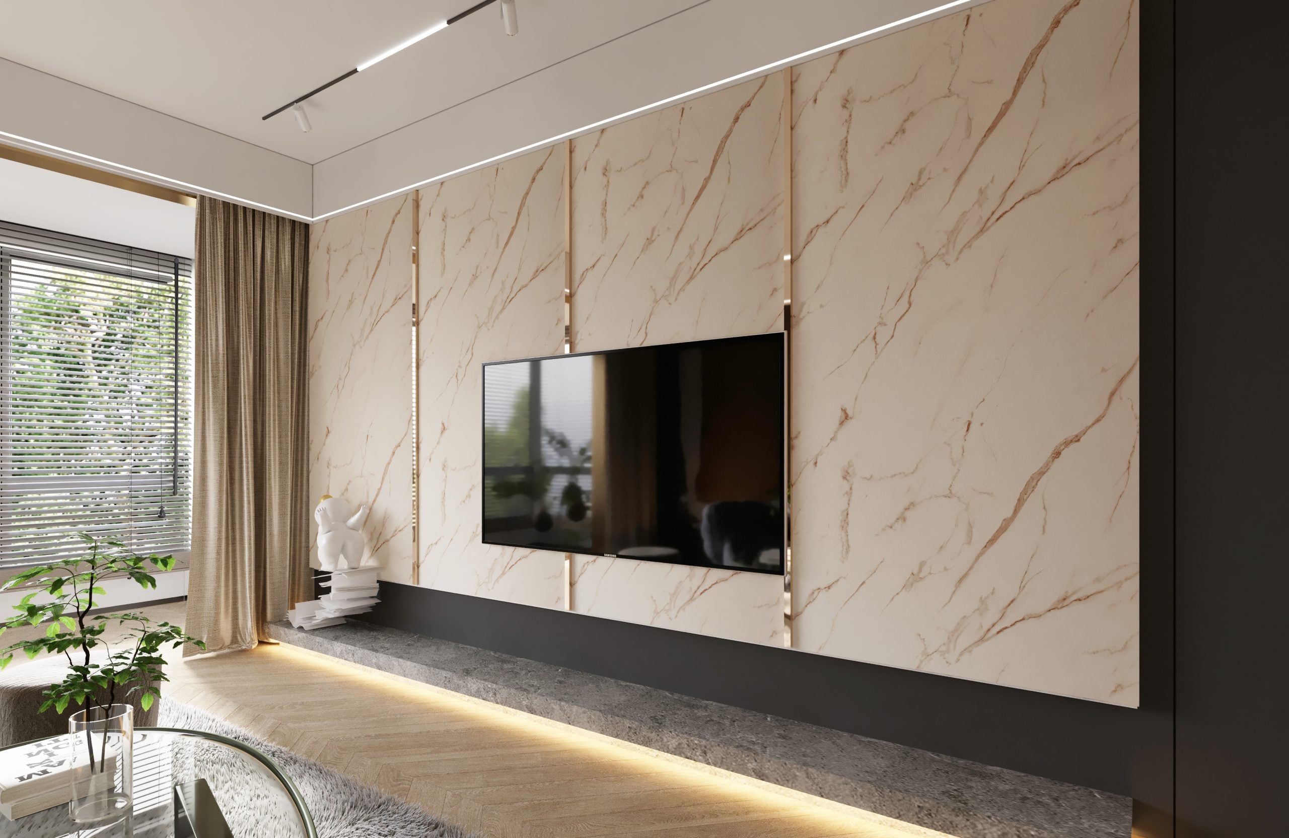 Ivory marble laminate wall with gold veining and matte finish in modern living room with TV and decor accents