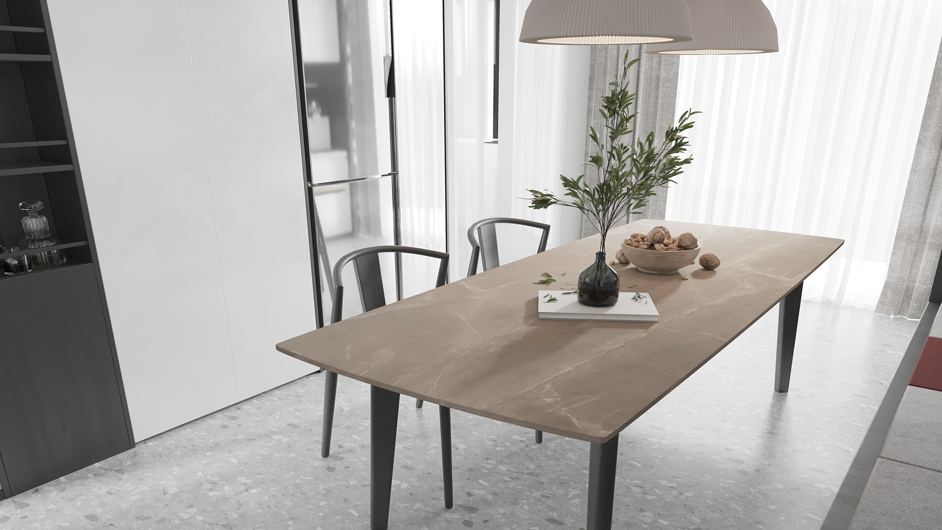 Beige marble laminate table top with matte finish and veining pattern in a modern dining room setting with decor.