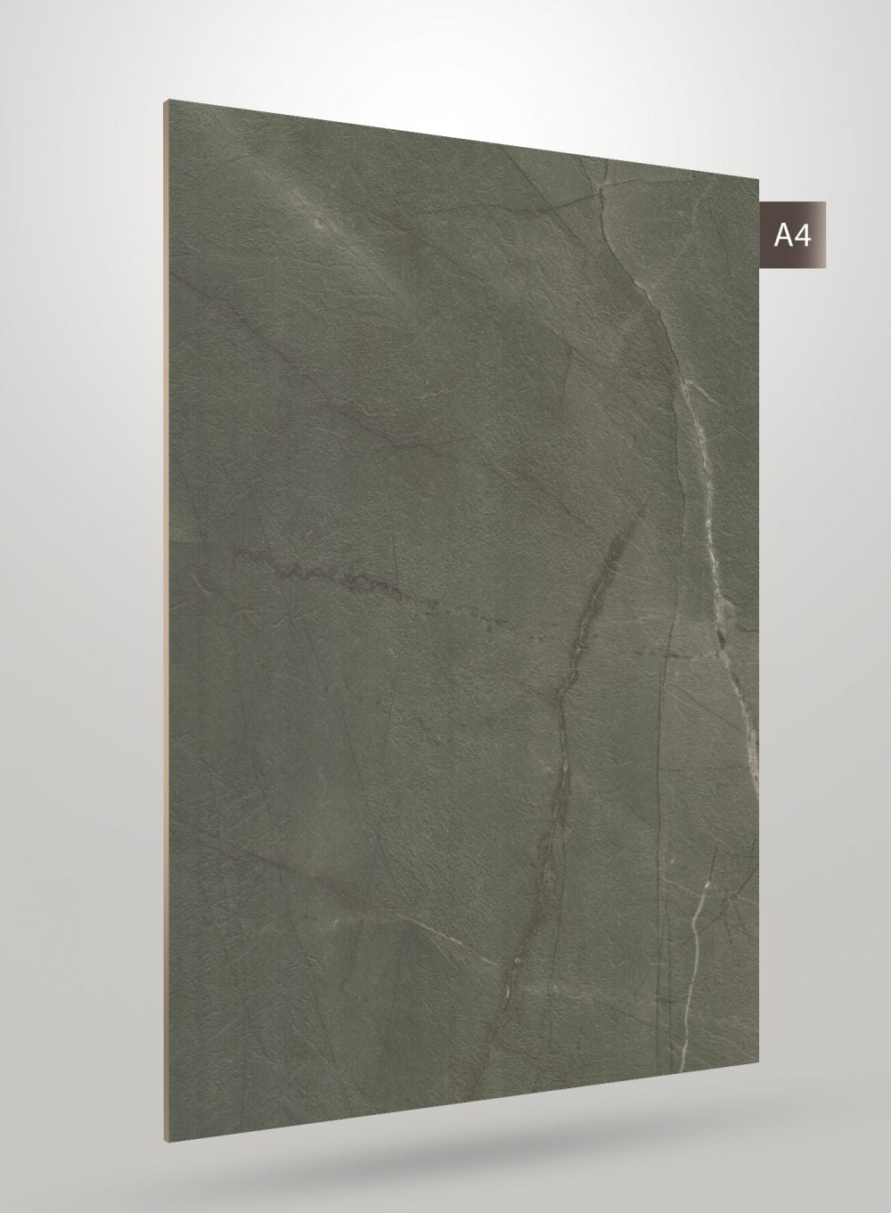 Green marble laminate sheet with matte finish and veining pattern, showcasing textured surface and natural stone appearance.