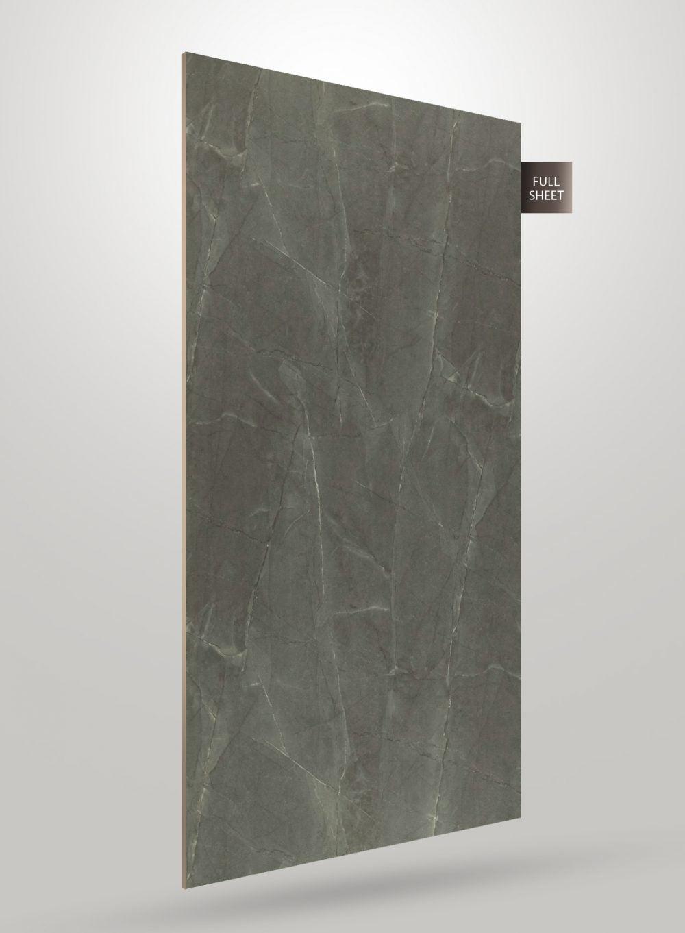 Green marble laminate sheet with matte finish and veining pattern, displayed as full sheet with visible texture and subtle