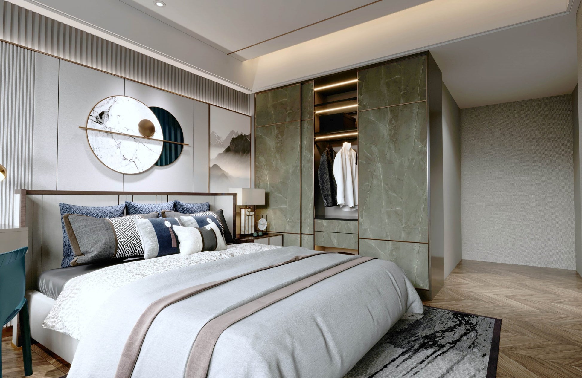 Green marble laminate wall and closet in modern bedroom with bed and circular art piece on adjacent wall