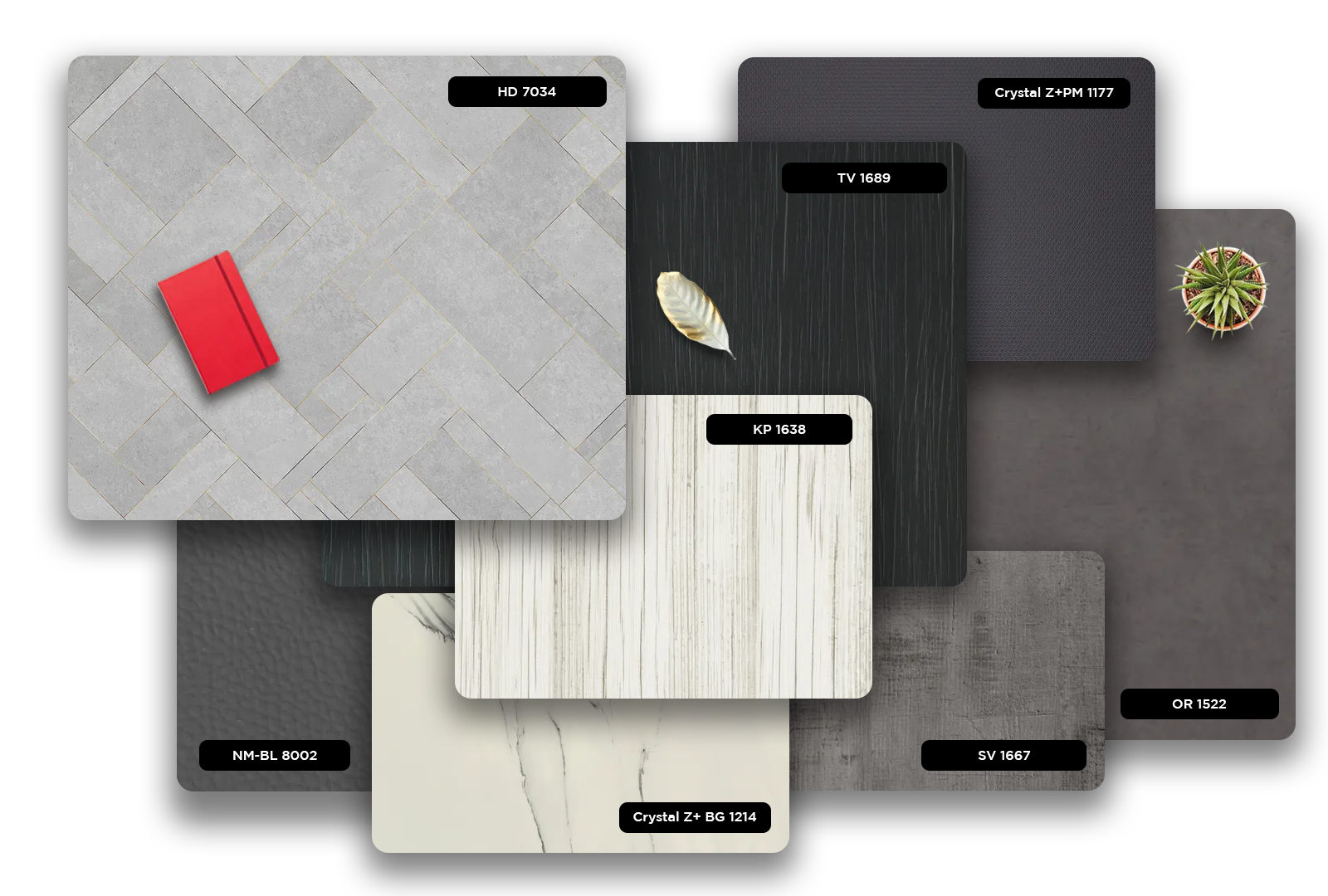 Grey matte laminate sample with textured finish, labelled NM-BL 8002, displayed among various other laminate designs and